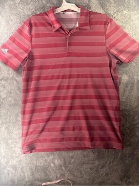 adidas Men's Pink/Burgundy Striped Short Sleeve Collared Polo Shirt L